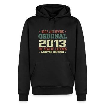 Légende Depuis 2013 Né en 2013 - 11e Anniversaire - Sweat à capuche Premium bio Homme - noir - Devant - Nico (187cm)