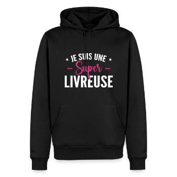Une Super Livreuse - Cadeau Livreuse - Sweat à capuche Premium bio Homme - noir - Devant - Nico (187cm)