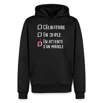 Célibataire...d'un miracle | Humour, Case à cocher - Sweat à capuche Premium bio Homme - noir - Devant - Nico (187cm)