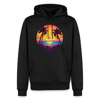 Logo Bitcoin, symbole, lever du soleil, soleil, mer - Sweat à capuche Premium bio Homme - noir - Devant - Nico (187cm)