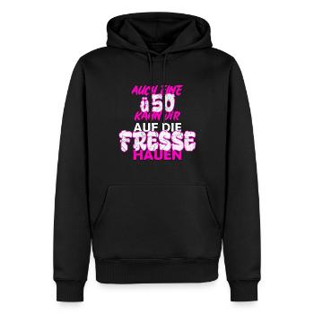 ü50 | Auch eine ü50 kann dir auf die Fresse hauen - Männer Premium Bio Hoodie - Schwarz - Vorne - Nico (187cm)