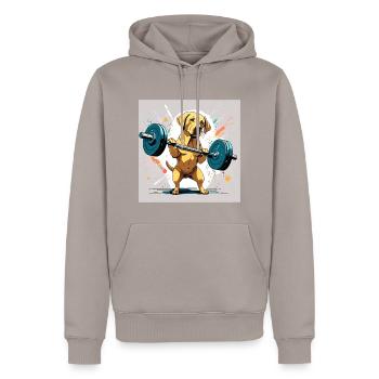Labrador lifts weights - Men’s Premium Organic Hoodie - taupe - Front - Nico (187cm)