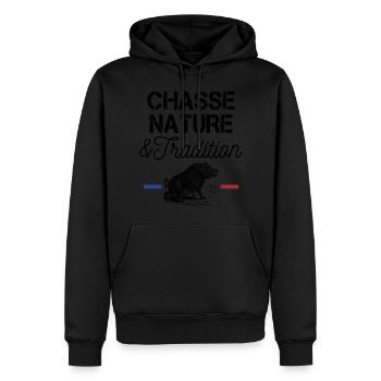 CHASSE NATURE ET TRADITION - Sweat à capuche Premium bio Homme - noir - Devant - Nico (187cm)