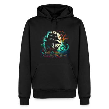 Retro Piratenschiff mit buntem Kraken - Männer Premium Bio Hoodie - Schwarz - Vorne - Nico (187cm)