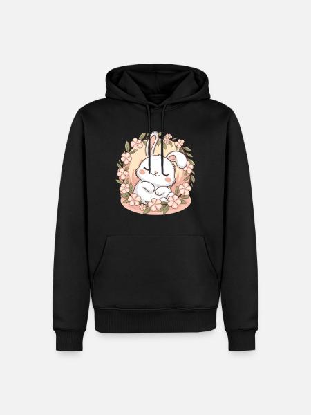 Slapend konijntje in een bloemenkrans - Zoet en kalmerend - Mannen Premium Bio hoodie - zwart