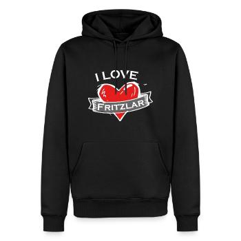 Fritzlar - Ich liebe Stadtnamen in Tattoo Stil - Männer Premium Bio Hoodie - Schwarz - Vorne - Nico (187cm)