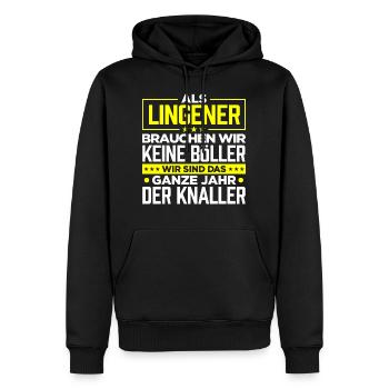 LINGENER - Böller - Männer Premium Bio Hoodie - Schwarz - Vorne - Nico (187cm)