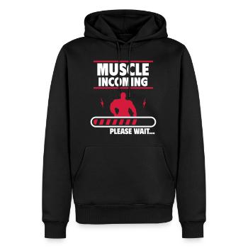 Muskeln Kommen Bald - Humor für Fitnessfans - Männer Premium Bio Hoodie - Schwarz - Vorne - Nico (187cm)