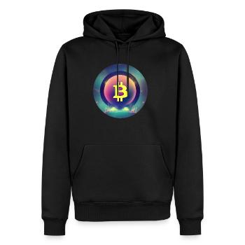 Bitcoin Logo im Synthetische Wave Stil - Männer Premium Bio Hoodie - Schwarz - Vorne - Nico (187cm)