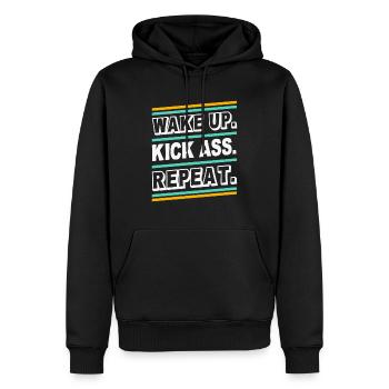 Wake up Kick Ass Repeat - Statement Zitat Spruch - Männer Premium Bio Hoodie - Schwarz - Vorne - Nico (187cm)