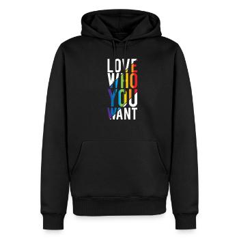 Love who you Want LGBTQ GAY Pride Rainbow FLAG - Männer Premium Bio Hoodie - Schwarz - Vorne - Nico (187cm)