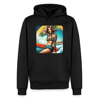 Surfeuse sexy fille sur la plage avec coucher de soleil - Sweat à capuche Premium bio Homme - noir - Devant - Nico (187cm)