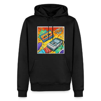 90er-Vibes: Walkman-Kult im Comic-Look - Männer Premium Bio Hoodie - Schwarz - Vorne - Nico (187cm)