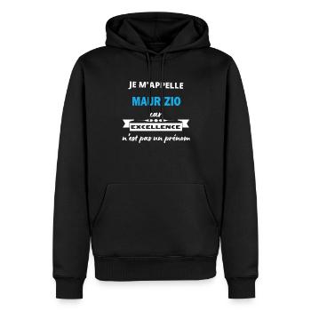 Je m'appelle excellence Maurizio - Sweat à capuche Premium bio Homme - noir - Devant - Nico (187cm)