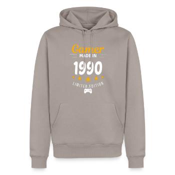 Gamer made in 1990 - Men’s Premium Organic Hoodie - taupe - Front - Nico (187cm)