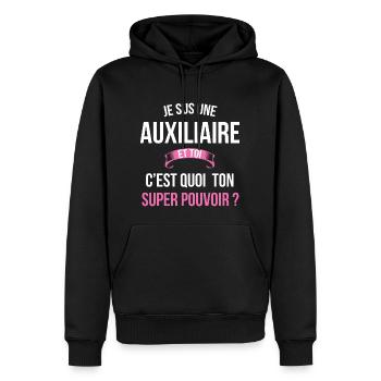 Auxiliaire super pouvoir femme - Sweat à capuche Premium bio Homme - noir - Devant - Nico (187cm)