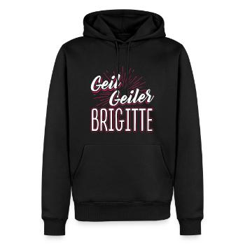 BRIGITTE - geiler - Männer Premium Bio Hoodie - Schwarz - Vorne - Nico (187cm)