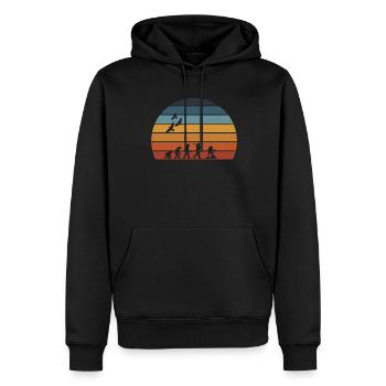 Retro Vintage Sonnenuntergang Evolution RANDONNEE - Männer Premium Bio Hoodie - Schwarz - Vorne - Nico (187cm)