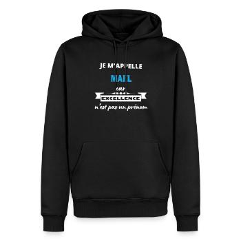 Je m'appelle excellence Mael - Sweat à capuche Premium bio Homme - noir - Devant - Nico (187cm)