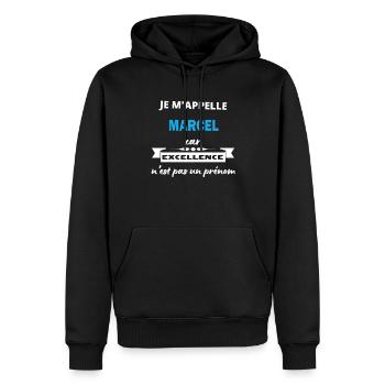 Je m'appelle excellence Marcel - Sweat à capuche Premium bio Homme - noir - Devant - Nico (187cm)