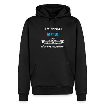 Je m'appelle excellence Mateo - Sweat à capuche Premium bio Homme - noir - Devant - Nico (187cm)
