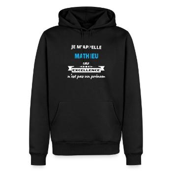 Je m'appelle excellence Mathieu - Sweat à capuche Premium bio Homme - noir - Devant - Nico (187cm)