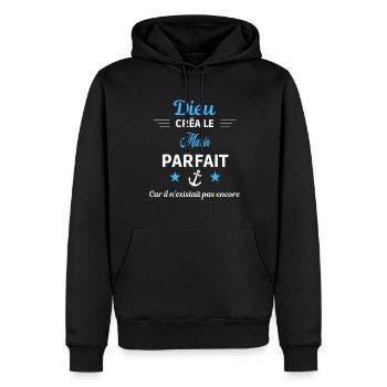 dieu créa parfait humour de bureau Marin - Sweat à capuche Premium bio Homme - noir - Devant - Nico (187cm)