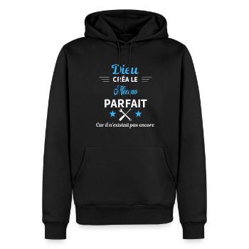 dieu créa parfait humour de bureau Mécano - Sweat à capuche Premium bio Homme - noir - Devant - Nico (187cm)