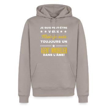 Je suis peut-être vieux AGENT IMMOBILIER - Sweat à capuche Premium bio Homme - taupe - Devant - Nico (187cm)