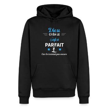 dieu créa parfait humour de bureau Surfeur - Sweat à capuche Premium bio Homme - noir - Devant - Nico (187cm)