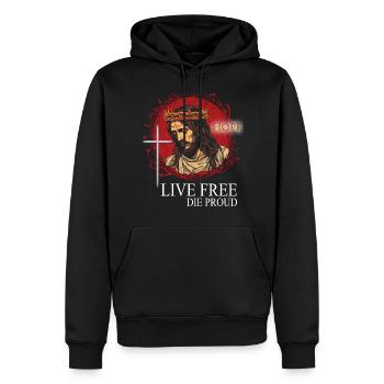 ERLÖSER MIT DORNENKRONE KREUZ SPRUCH MOTIV - Männer Premium Bio Hoodie - Schwarz - Vorne - Nico (187cm)