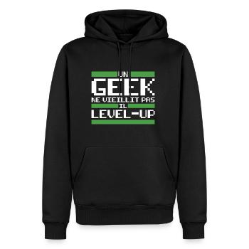 Un geek ne vieillit pas il level up - Sweat à capuche Premium bio Homme - noir - Devant - Nico (187cm)