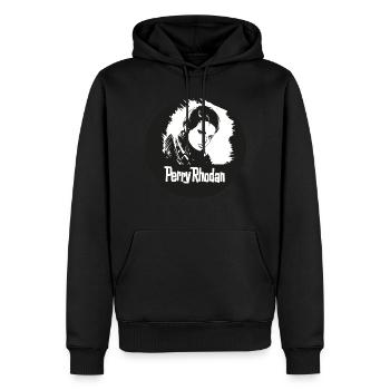 Perry Rhodan WeltConButton Frau - Männer Premium Bio Hoodie - Schwarz - Vorne - Nico (187cm)