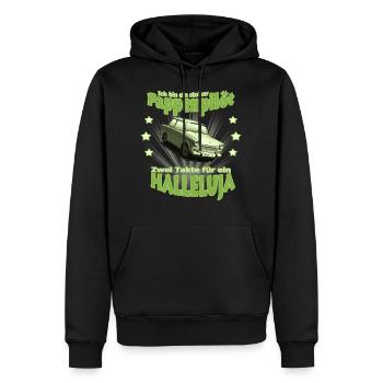PAPPENPILOT  601 Trabi KULT grün - Männer Premium Bio Hoodie - Schwarz - Vorne - Nico (187cm)