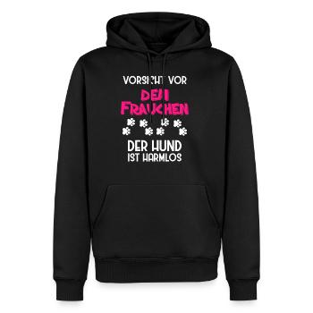Vorsicht vor dem Frauchen der Hund ist harmlos - Männer Premium Bio Hoodie - Schwarz - Vorne - Nico (187cm)