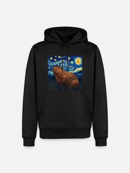 Capibara, Animal, Van Gogh, Noche estrellada - Sudadera con capucha prémium ecológica para hombre - negro