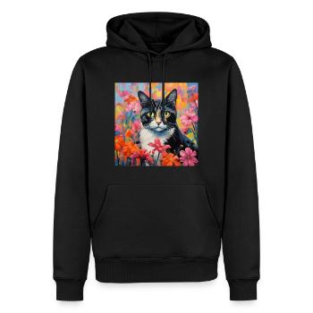 chat, motif de chat, fleurs, cadeau, idée cadeau - Sweat à capuche Premium bio Homme - noir - Devant - Nico (187cm)