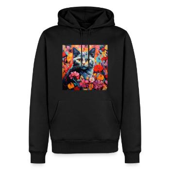Katze, katzenmotiv, blumen, geschenk, geschenkidee - Männer Premium Bio Hoodie - Schwarz - Vorne - Nico (187cm)