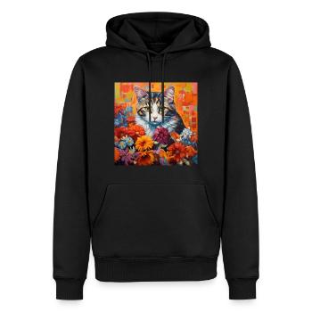 chat, motif de chat, fleurs, cadeau, idée cadeau - Sweat à capuche Premium bio Homme - noir - Devant - Nico (187cm)
