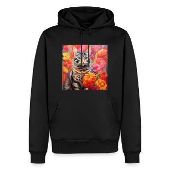 Katze, katzenmotiv, blumen, geschenk, geschenkidee - Männer Premium Bio Hoodie - Schwarz - Vorne - Nico (187cm)