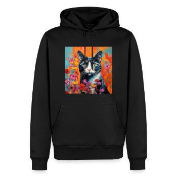chat, motif de chat, fleurs, cadeau, idée cadeau - Sweat à capuche Premium bio Homme - noir - Devant - Nico (187cm)