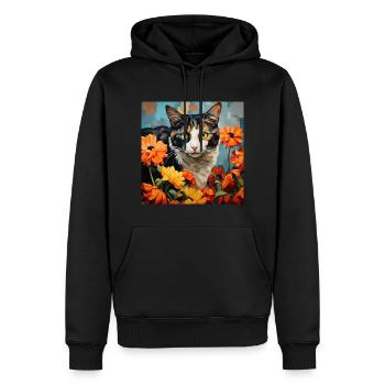 Katze, katzenmotiv, blumen, geschenk, geschenkidee - Männer Premium Bio Hoodie - Schwarz - Vorne - Nico (187cm)