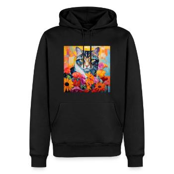 Katze, katzenmotiv, blumen, geschenk, geschenkidee - Männer Premium Bio Hoodie - Schwarz - Vorne - Nico (187cm)