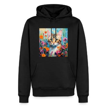 chat, motif de chat, fleurs, cadeau, idée cadeau - Sweat à capuche Premium bio Homme - noir - Devant - Nico (187cm)
