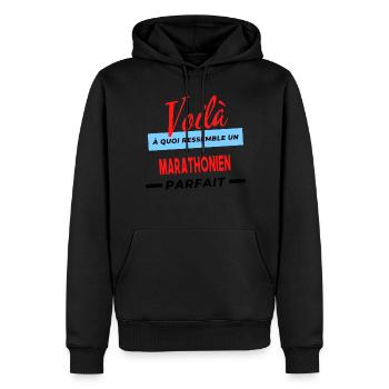 Voilà a quoi ressemble un MARATHONIEN Humour - Sweat à capuche Premium bio Homme - noir - Devant - Nico (187cm)