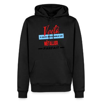 Voilà a quoi ressemble un MÉTALLIER Humour - Sweat à capuche Premium bio Homme - noir - Devant - Nico (187cm)