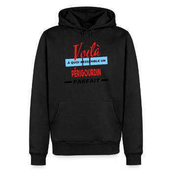 Voilà a quoi ressemble un PÉRIGOURDIN Humour - Sweat à capuche Premium bio Homme - noir - Devant - Nico (187cm)