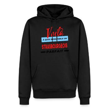 Voilà a quoi ressemble un STRASBOURGEOIS Humour - Sweat à capuche Premium bio Homme - noir - Devant - Nico (187cm)