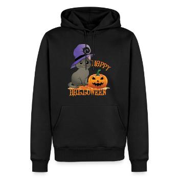 Fröhliche Halloween Katze mit Kürbis und Hexenhut - Männer Premium Bio Hoodie - Schwarz - Vorne - Nico (187cm)