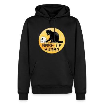 Wake Up Human Funny Cat mit Totenkopf - Männer Premium Bio Hoodie - Schwarz - Vorne - Nico (187cm)